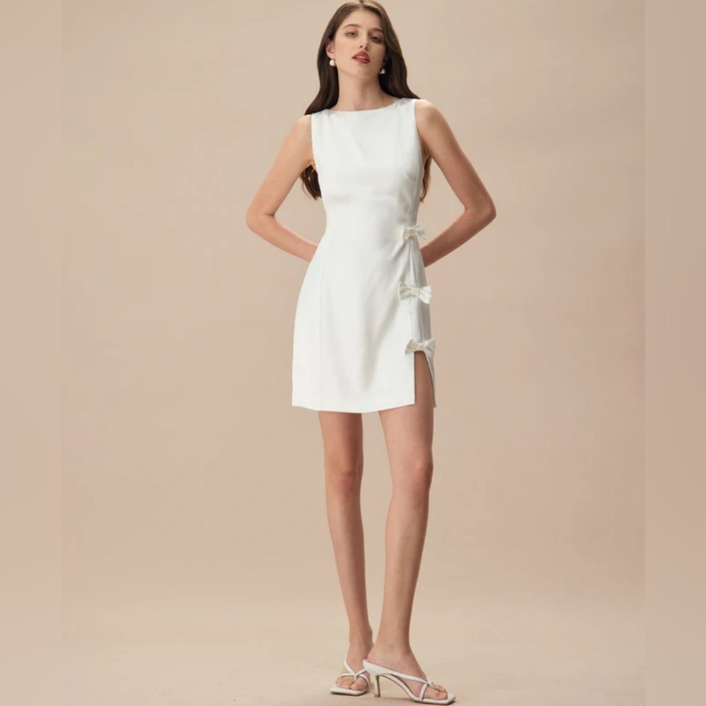 NWT RIHOAS The White Boat Neck Bowknot Satin Mini Dress Sz S - Picture 4 of 7